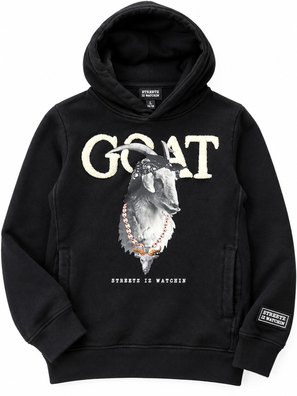 Streetz Iz Watchin Boys L 16/18 GOAT Black Graphic Hoodie Streetwear Pullover